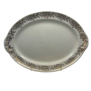 Vintage 1943 Taylor Smith Taylor 15.5" Handled Oval Serving Platter‎ Gold Floral
